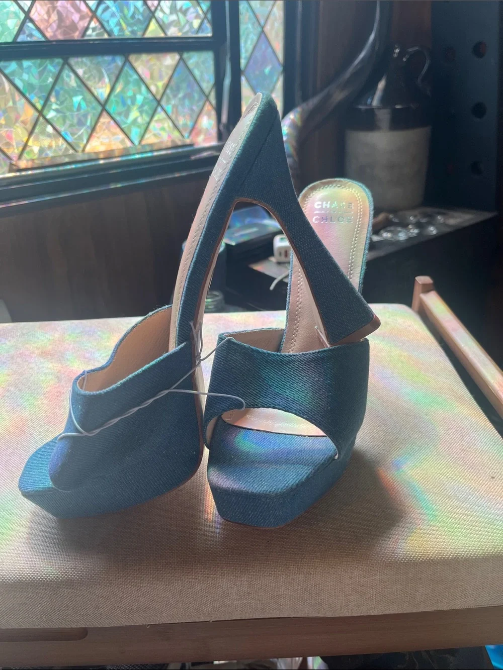 Chase + Chloe Iridescent Blue Platform Peep-Toe Mules